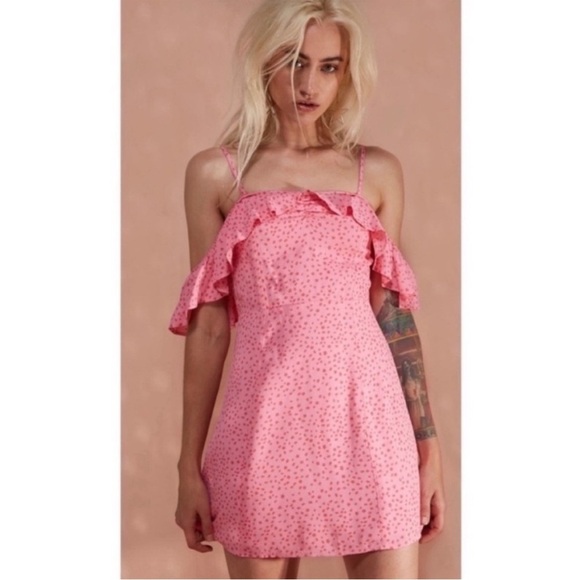 For Love & Lemons Aurora Ruffle Mini Dress Pink Stars - Picture 1 of 9